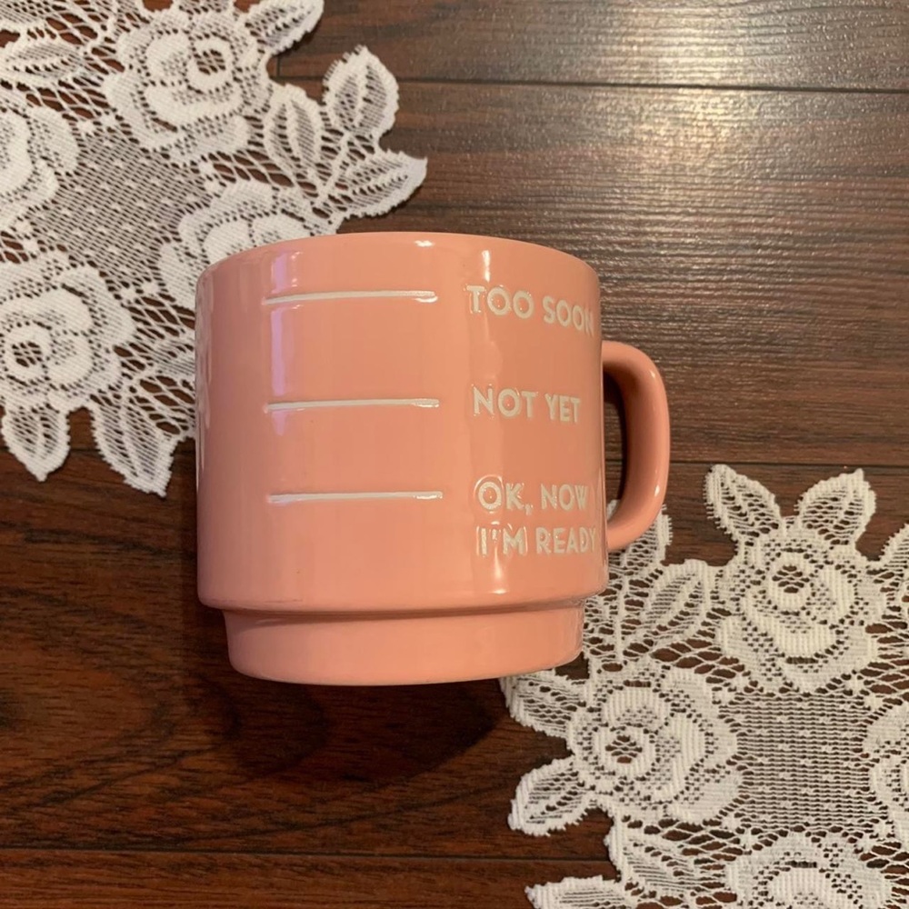 Vintage Mauve And White Stoneware Saying Ceramic Coffee Mug.